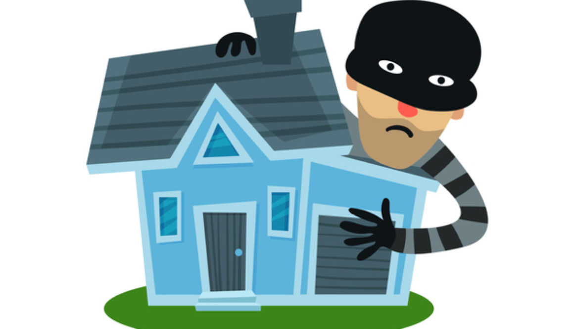 Male thief in mask robbed house, property insurance vector Illustration