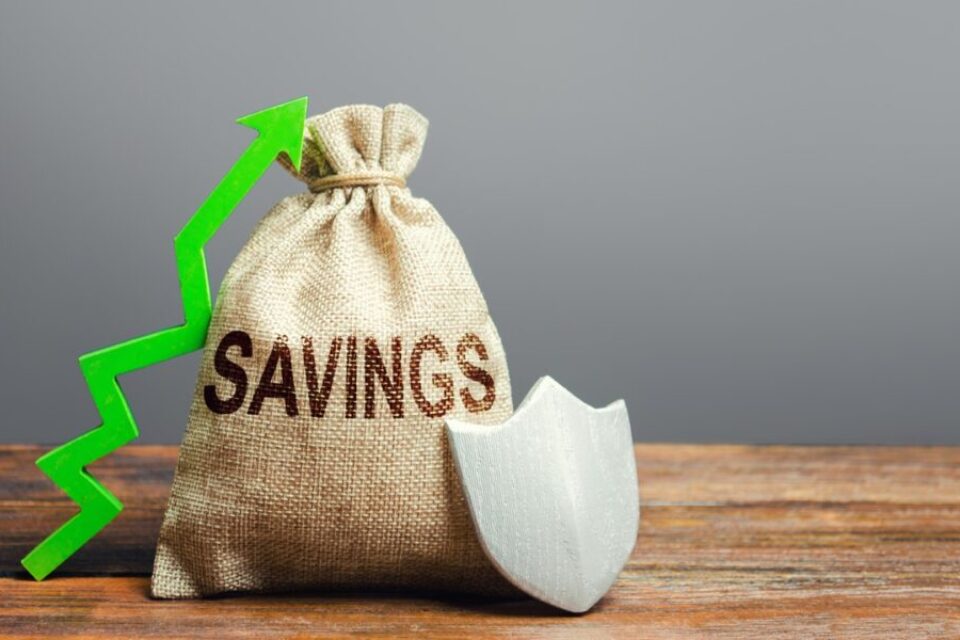 Savings bag, green up arrow and shield. Protection funds and investments, security garnishment and augmentation. Deposit at bank. Profitable safe investment. Economic stability and prosperity. Pension