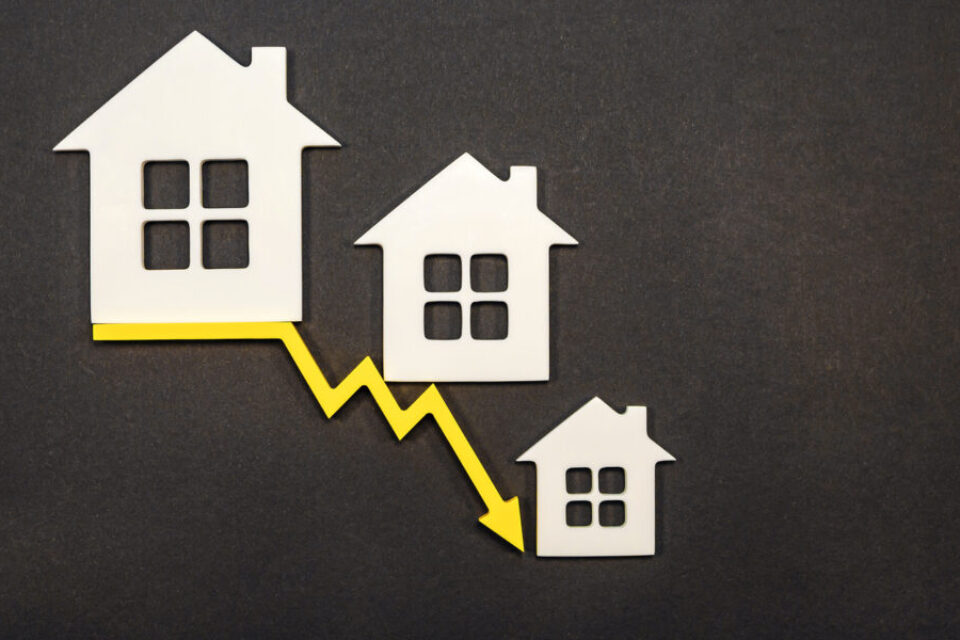 decline in property prices. population decline. falling interest on mortgages. reduced demand for home purchases, low prices for utilities. arrow to down.