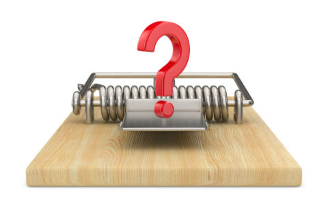 mousetrap and question on white background. Isolated 3D illustration