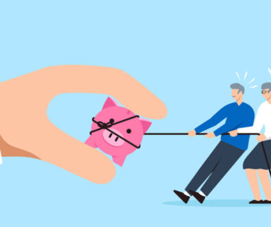 Elderly couple pulling rope to get their saving back from thief hand in flat design